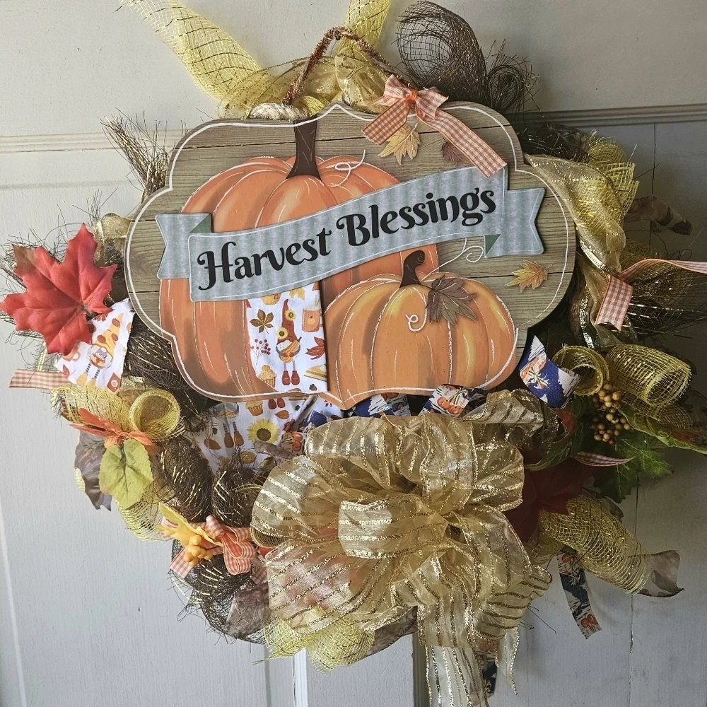 Hand Crafted handmade holiday wreath Harvest Blessings Gnome fabric plaid ribbon